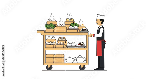 Dim Sum Cart with Smiling Waiter Offering Authentic Culinary Experience
