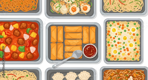 Diverse asian cuisine assortment featuring popular dishes served buffet style