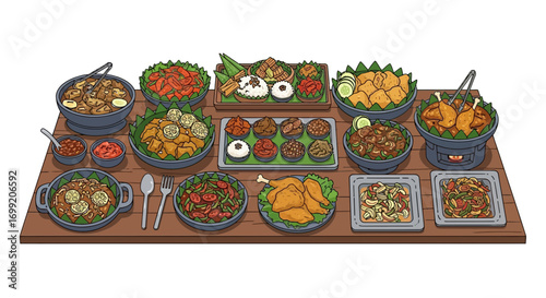Diverse indonesian cuisine showcasing traditional dishes on a wooden table