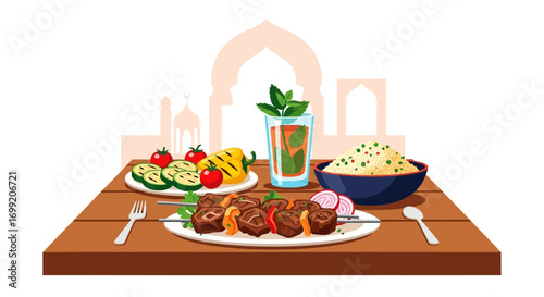 Eid al-Adha feast illustration with traditional dishes and an architecture