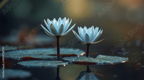 Beautiful close-up of two white water lilies blooming on calm pond surface with floating lily pads, serene nature photography with reflection and soft natural light, perfect for background wallpaper b