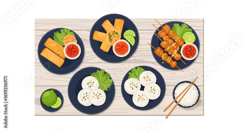 Elegant presentation of assorted Southeast Asian cuisine on wooden table