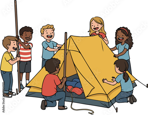 Seven children setting up a yellow camping tent, joyful teamwork illustration, ideal for outdoor and summer camp themes in designs.