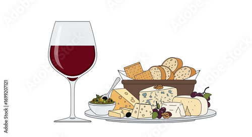 Elegant wine and cheese platter display, a delightful illustration scene