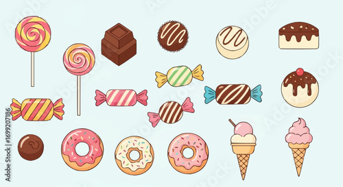 Delicious assorted sweets and candy vector illustration featuring lollipops chocolate donuts and ice cream treats vector