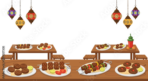 Exotic arabian dining experience with colorful lanterns and kabobs on wooden tables