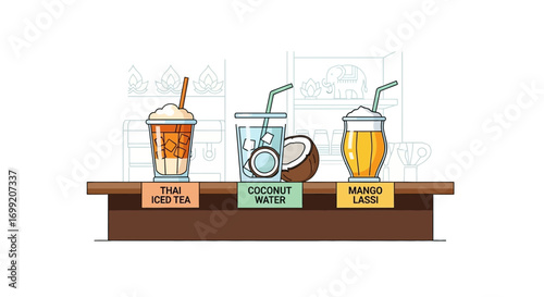 Exotic beverage vector illustration featuring thai tea, lassi and coconut water