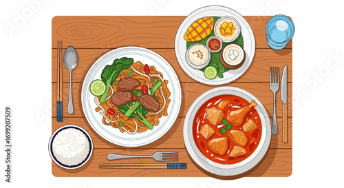 Exquisite arrangement of popular thai dishes served on wooden table