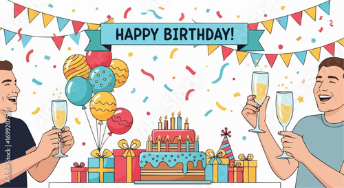Happy birthday celebration party with cake gifts balloons confetti and champagne for friends and family vector