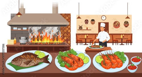 Exquisite seafood preparation and presentation inside a vibrant restaurant