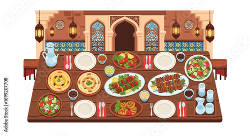Festive iftar table arrangement with diverse mediterranean dishes