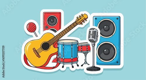 Cartoon musical instruments vector illustration featuring guitar drums speakers and microphone for music lovers vector