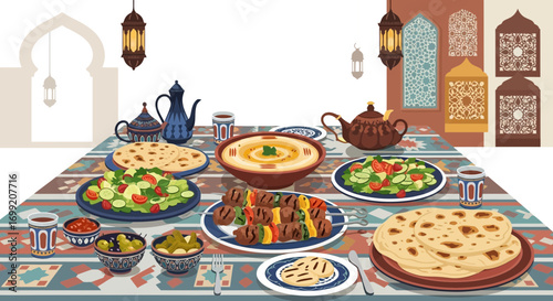 Festive iftar table adorned with lanterns, traditional dishes, and cultural motifs