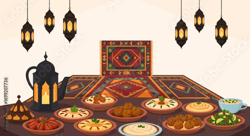 Festive Iftar Table Illustration with Traditional Middle Eastern Design