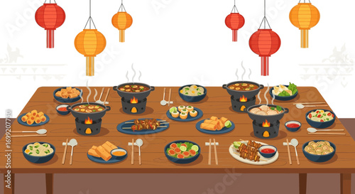 Festive southeast asian culinary celebration with hot pots and lanterns