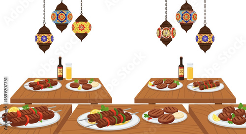 Festive middle eastern feast with illuminated lanterns and grilled dishes