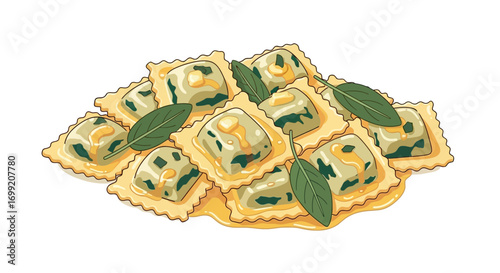 Freshly prepared ravioli pasta with spinach and sage butter sauce artwork