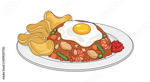 Flavorful Nasi Goreng Illustration Featuring Egg, Shrimp, and Vegetable Medley