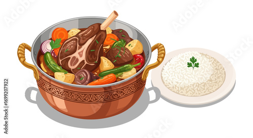 Hearty Lamb Shank Stew with Rice, Served in Decorative Copper Pot