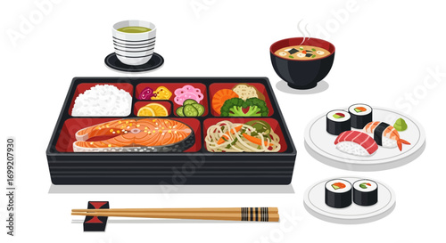 Illustration depicting a complete Japanese bento box meal with side dishes