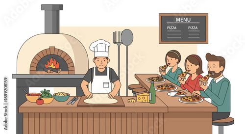 Illustration of a Pizzeria Scene with Chef, Oven, and Enjoying Customers