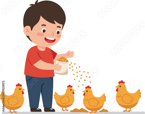 Boy feeding grain to chickens on the ground. Suitable for educational materials about farming, agriculture, animals, and responsible pet ownership.