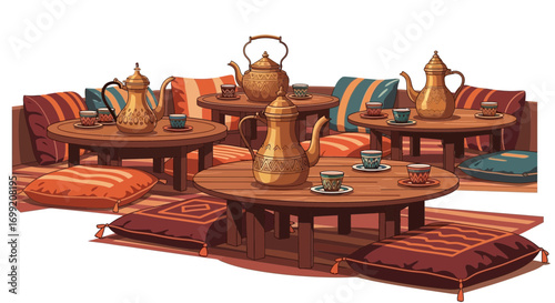 Illustration of a Moroccan tea room setting with traditional teapots