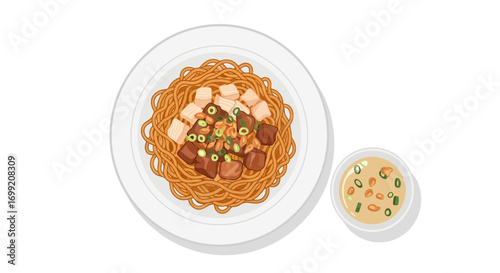 Illustration of flavorful noodles, complemented by tofu and a savory sauce