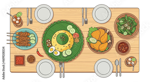 Illustration of indonesian cuisine spread out on a wooden dining table