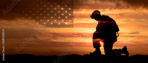 Memorial day soldier silhouette with american flag sunset background