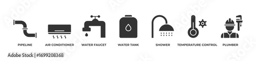 Smart Utility Solutions Icons set vector illustration with Pipeline, Air conditioner, Water faucet, Water tank, Shower, Temperature control, Plumber