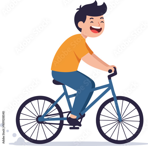 Joyful young man rides a blue bicycle and grins widely. Ideal for lifestyle, leisure, biking, happiness, recreation, and outdoor activities concepts.