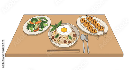 Illustrative depiction of a complete Asian meal prepared and served on the table