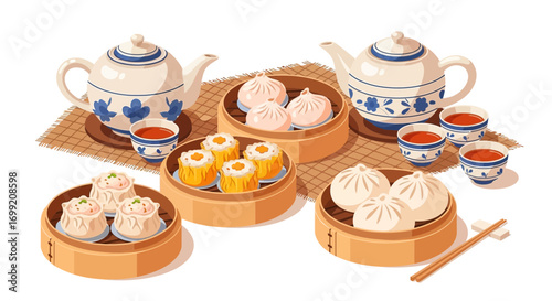 Illustrative depiction of a Chinese dim sum feast with teapots and dumplings
