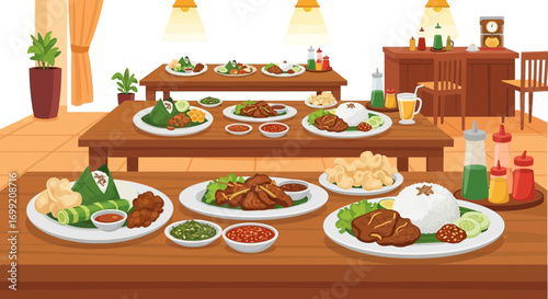 Indonesian culinary delight offering various dishes on wooden table top