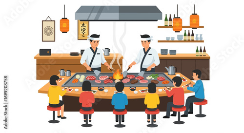 Interactive teppanyaki culinary experience with chefs and delighted diners