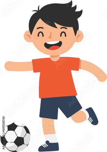 Cheerful boy playing soccer, smiling brightly, kicking ball with joy. Perfect for sports and childrenrelated designs or promotional materials.