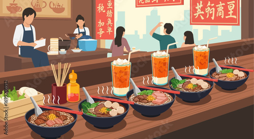 Lively noodle bar scene showcasing authentic asian cuisine with customers