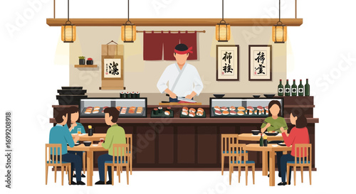 Lively sushi restaurant scene with chef and dining customers illustration