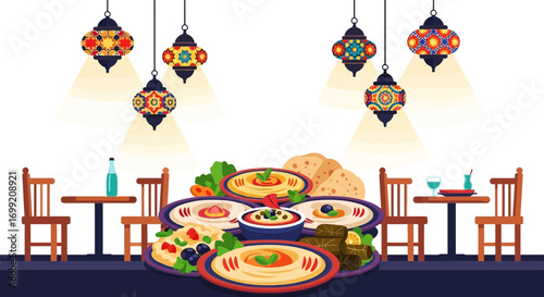 Luxurious middle eastern restaurant interior, vibrant lanterns and hummus feast