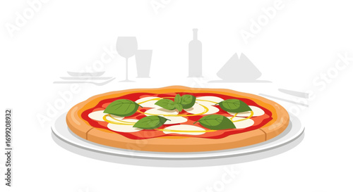 Margherita pizza presentation with basil leaves and minimalist backdrop