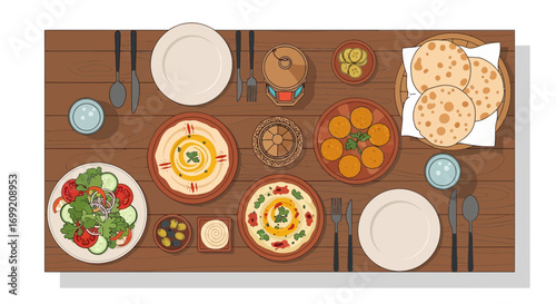 Mediterranean feast illustration with hummus, salad and flatbread top view