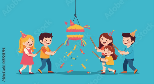 Illustration of children playing piñata at a birthday party with candies and colorful decoration for celebration vector