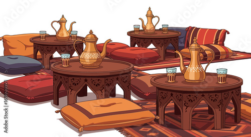 Oriental tea setting with cushions and brass teapots for traditional relaxation