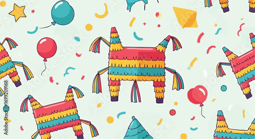 Celebrate with colorful pinatas and festive party decorations for a fun filled birthday celebration event vector