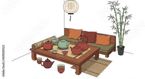 Peaceful asian tea ceremony setting with teapots and bamboo garden