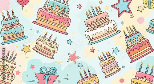 Seamless pattern of birthday cakes and stars for party decoration and celebration background design vector art vector