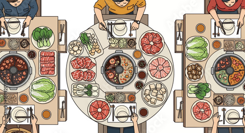 Overhead view of a delightful hot pot feast shared amongst friends