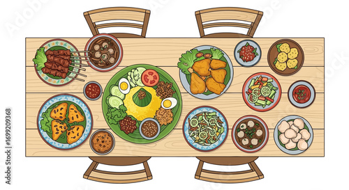 Overhead view showcasing a generous feast of authentic Asian cuisine