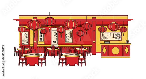 Red and Golden Chinese Restaurant Interior with Lanterns and Decorations